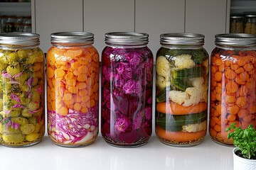 Vibrant array of colorful pickled vegetables in glass jars on kitchen counter