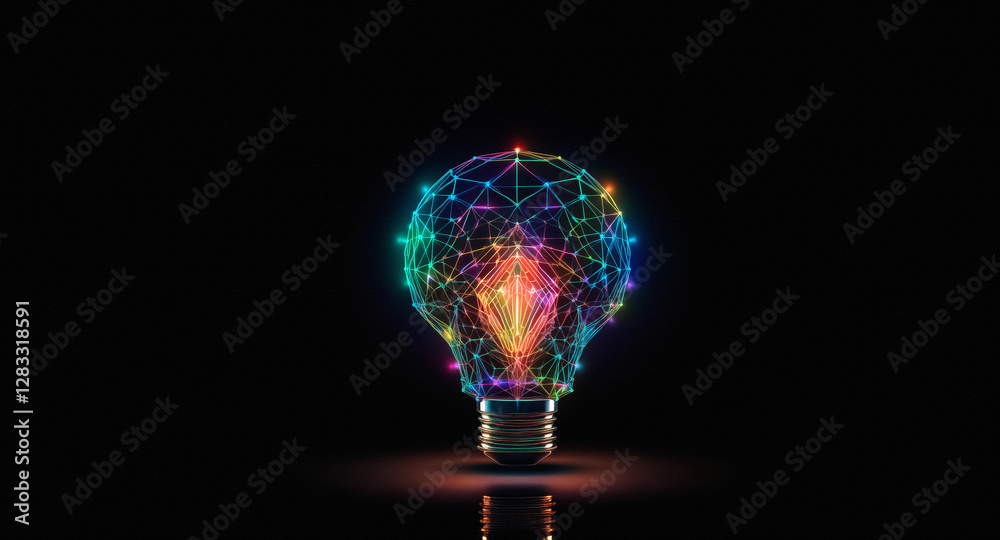 Aufkleber Colorful digital lightbulb made of connected dots and lines glows against a dark background, representing ideas and innovation.