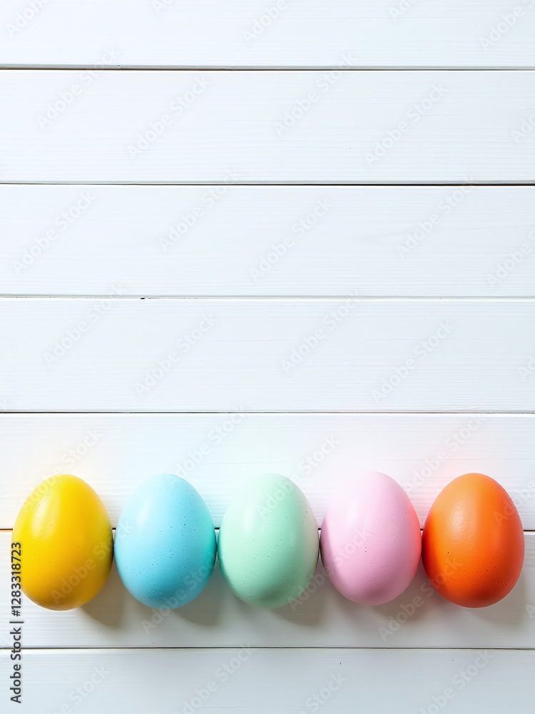 Poster Colorful Easter Eggs Arranged In A Row On A Simple White Wooden Background Create A Visually Appealing Easter Display. 00002