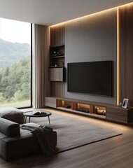 Modern Living Room with LED Lighting and Scenic View