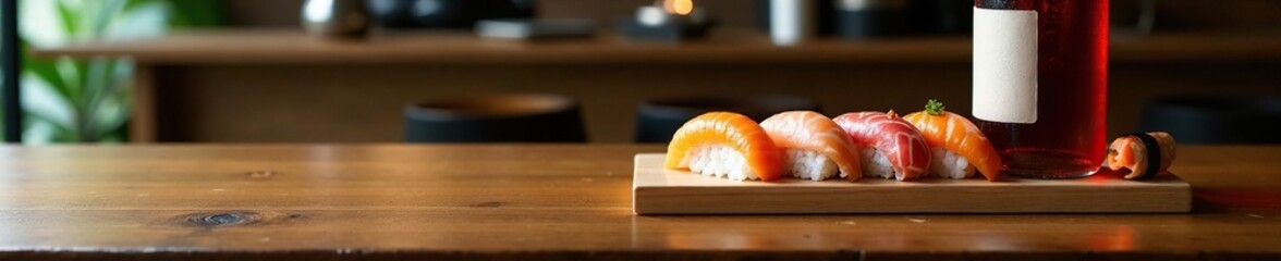 Wooden table with sushi pieces and a glass of sake bottle, restaurant decor, sushi, beverage