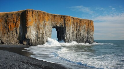 Majestic Black Sand Beach Landscape in Iceland with Rocky Outcrop