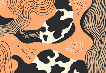 a mix of black, white, and orange colors, with wavy lines and dots scattered throughout.