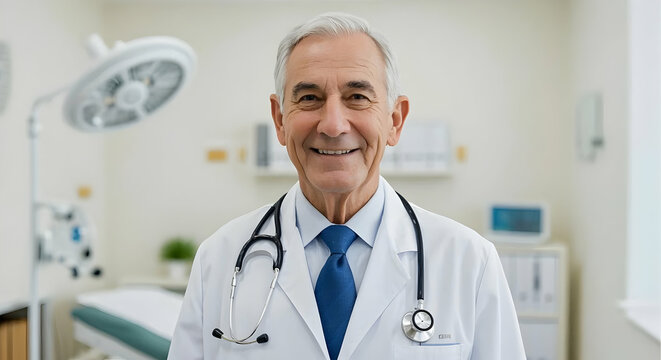 Smiling Senior Doctor in Modern Hospital Setting Professional Healthcare Portrait Happy Clinic