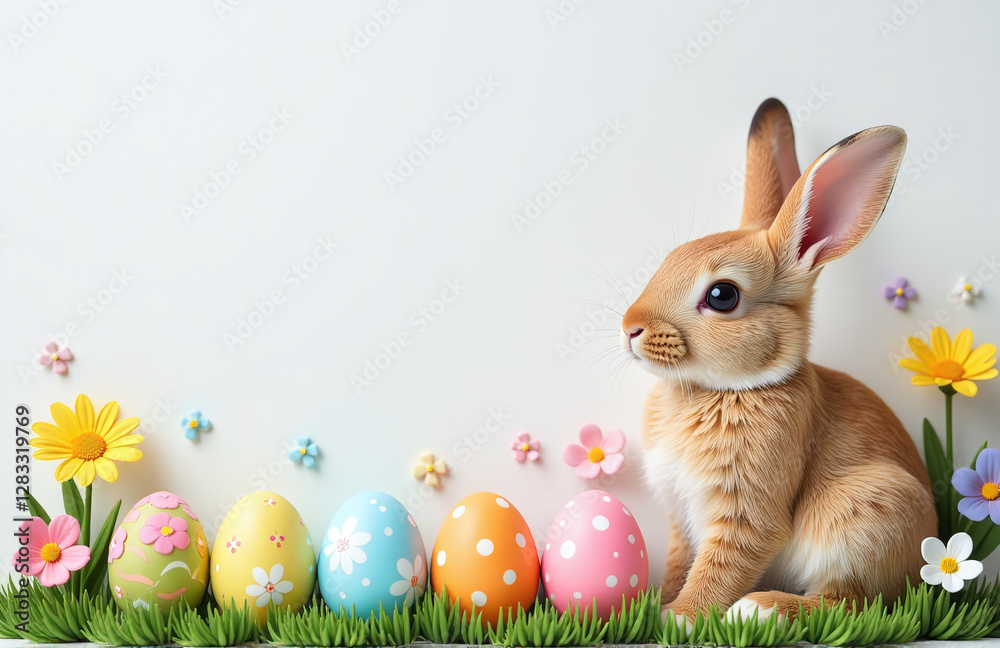 Poster colorful easter design features cute bunny surrounded by easter eggs and flowers on a top view flat 