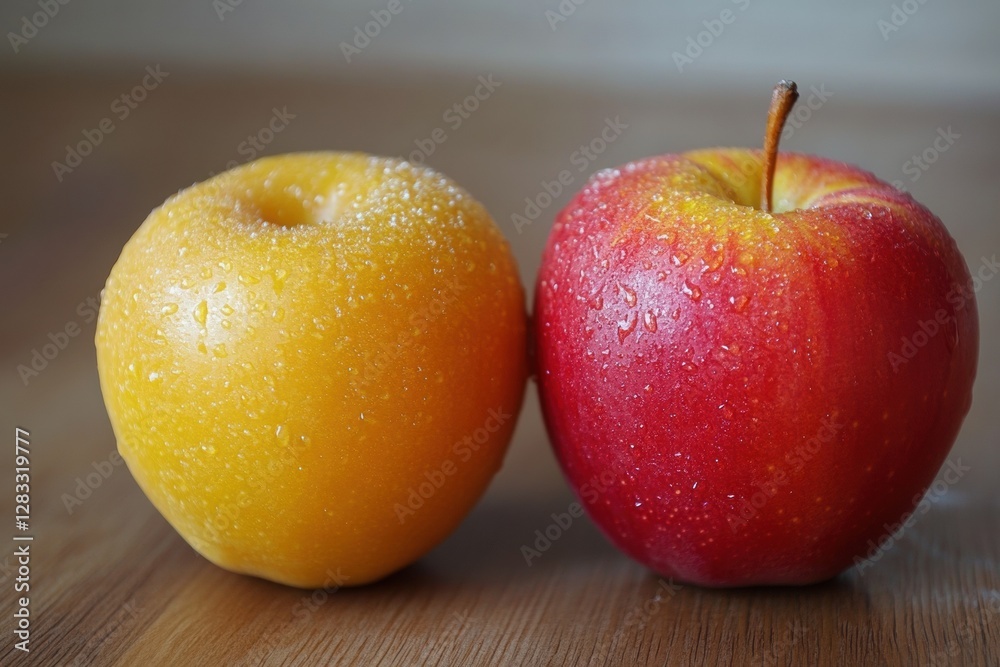 Poster fresh yellow and red apples with water droplets on wooden surface in natural lighting. generative ai