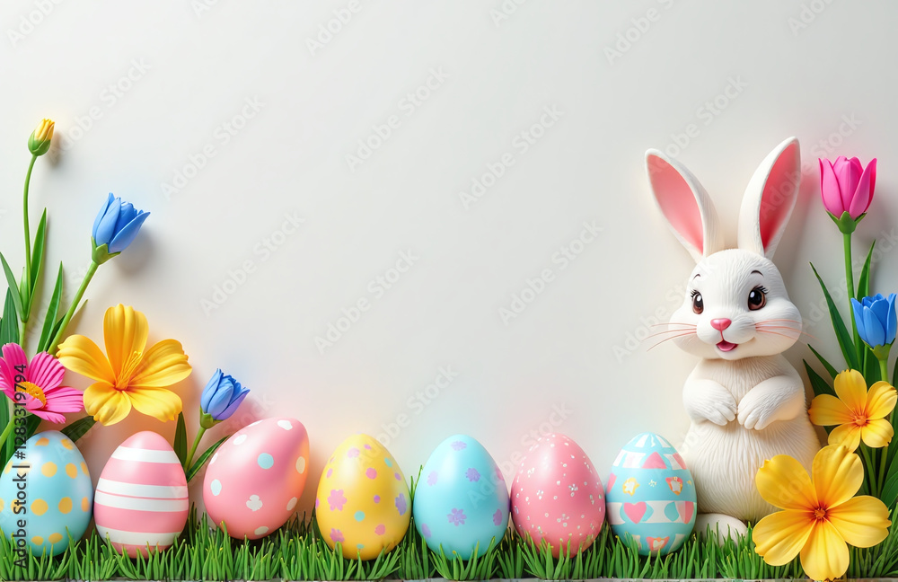 Poster colorful easter design features cute bunny surrounded by easter eggs and flowers on a top view flat 