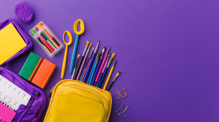 School supplies set with purple and yellow cone, stationery items and backpack. Educational tools - markers and paintbrush, pins and paperclips, pens and rulers, books and case. Student equipment.