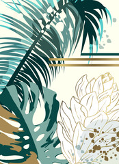 Elegant Tropical Botanical Art with Gold Accents. Stylish Palm Leaves and Exotic Flowers. Modern Jungle-Inspired Illustration for Posters, Prints, and Interior Decor. 