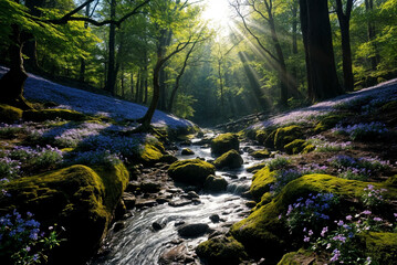 Obraz premium Sunlit Forest with Flowing Stream