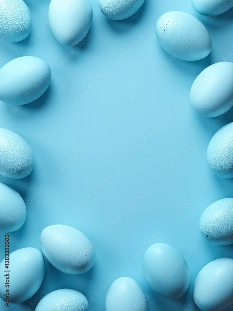 Poster classic blue easter eggs with various textures on a matching seamless blue background in web banner 