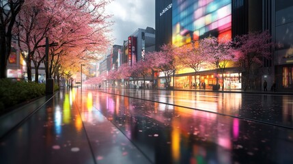 Urban Cherry Blossom Scene with Reflections in Rainy Weather