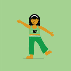 The Illustration of a Young Girl in Green Outfit with Outstretched Arms represents joy and freedom, perfect for storybooks, posters, social media, and children’s content, adding a playful and cheerful