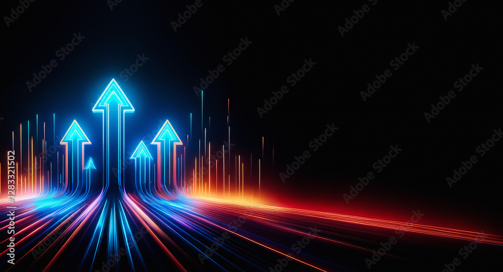 Poster Arrows illuminate a path forward, glowing with vibrant blue and orange against a dark backdrop. Streaks of light suggest motion and progress, pointing upwards in a dynamic display.