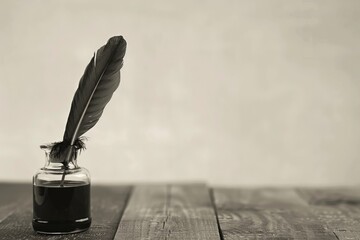 Black and white photo of a quill pen in an inkwell on a wooden desk, sepia tone, vintage style.