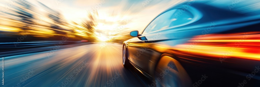Aufkleber Fast moving car on a highway during sunset creating a dynamic sense of speed and motion. Generative AI