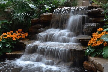 Obraz premium Indoor Waterfall Feature With Orange Flowers And Lush Plants