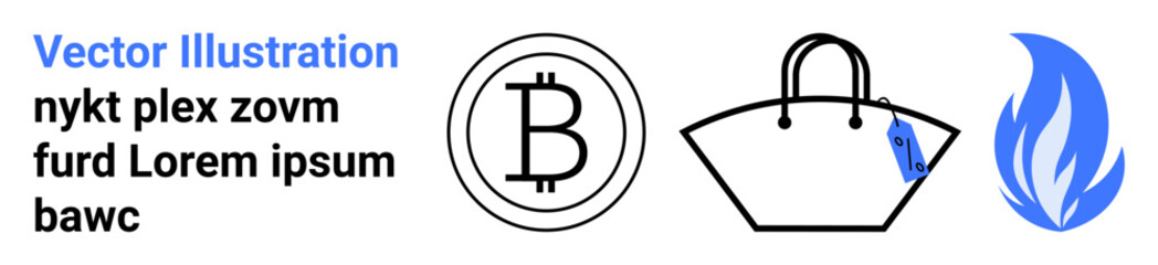 Bitcoin coin symbol, elegant handbag with tag, and blue flame represent digital currency, e-commerce, sustainability, mobile commerce, financial technology, innovation, flat landing page banner