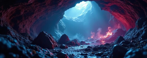 Intricate crystal formations in a dark, misty cave, geology, nature, textures