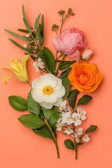 Obraz premium Vibrant Floral Arrangement on Coral Background: Pink Peony, Yellow Lily, Orange Rose