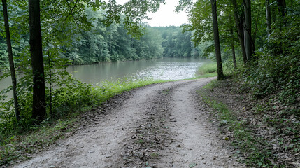 Forest path curving to lakeside, tranquil scene