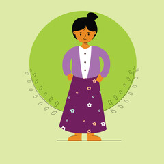 Elderly Woman with a Bun, Wearing a Purple Top and Floral Skirt – A Charming Illustration with a Floral Background, Perfect for Storybooks, Greeting Cards, and Social Media.