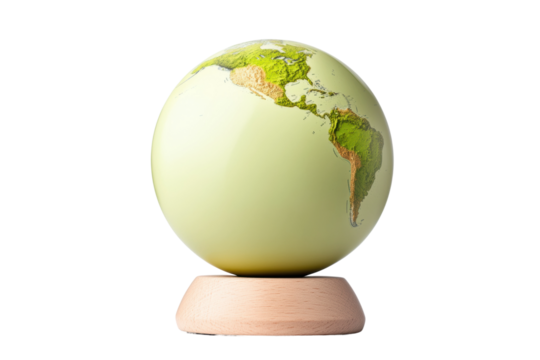 Globe resting on wooden stand with relief features, cut out