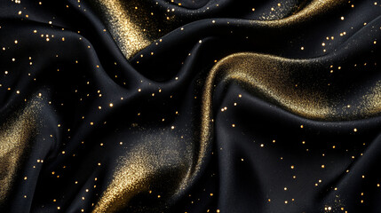 Obraz premium Abstract background with luxury black silk fabric with gold glitter. Texture of elegant dark cloth with gold shine, smooth satin drapery surface, vector realistic illustration