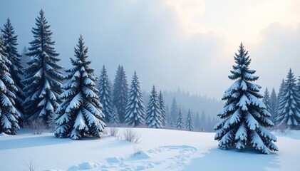 Fototapeta premium Spruce forest with a lone snowy tree in the distance, winter landscape, serene atmosphere, nature photography