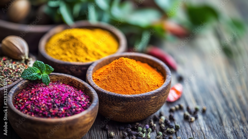 Aufkleber Vibrant spices arranged in wooden bowls with fresh herbs on a rustic wooden table during daylight. Generative AI