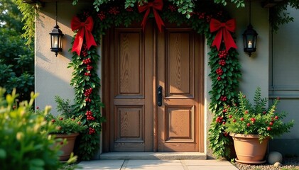 Fototapeta premium Wooden door adorned with greenery and red berries, bows, wooden door