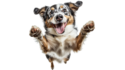 Dog joyfully jumping in a bright space