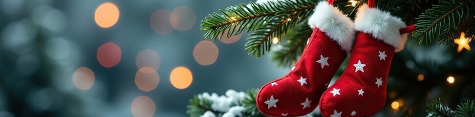 Red Christmas stockings with white stars on a fir branch, pine branches, Christmas tree decorations, winter wonderland scenery