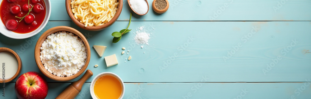 Poster Bake Ingredients Arranged On A Kitchen Table With A Pastel Background And Copy Space For Website Design. 00002