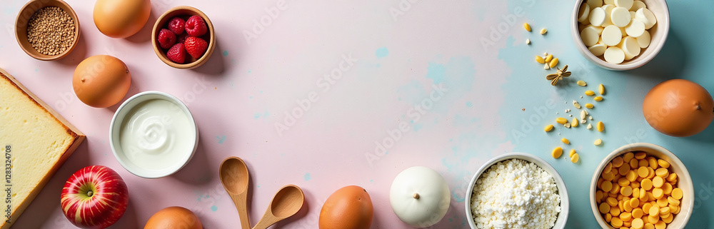Poster Bake Ingredients Arranged On A Kitchen Table With A Pastel Background And Copy Space For Website Design. 00001