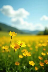 Obraz premium Field of bright yellow Adesmia boronioides flowers in the sunlight, landscape, sunlight