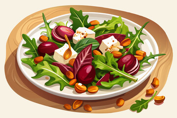  vector of arm roasted beet salad with goat cheese, walnuts, and arugula, drizzled with balsamic reduction