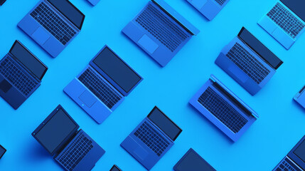 Obraz premium Seamless pattern with isometric modern laptops, notebook computers on blue background. Technology wallpaper with repeating pc elements, layout for website design, 3d Vector line art illustration