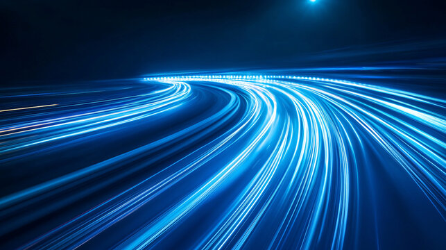 Abstract blue background with blurred light trails representing fast data transfer and innovation.