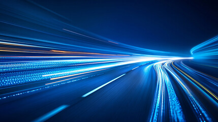 Abstract blue background with blurred light trails representing fast data transfer and innovation.