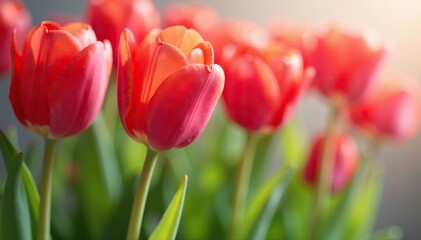 Fototapeta premium Soft petals of red tulips fall gently onto white tulip stems, tulip stem, blooming flowers,