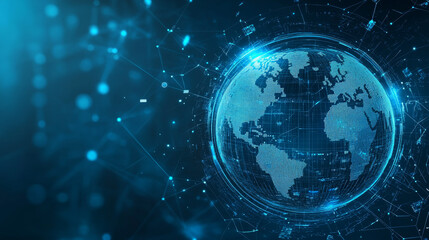 Fototapeta premium Blue futuristic background. Bitcoin and blockchain. Electronic cryptocurrency and modern technology. Online banking, and financial communications. World wide web. Hologram with a globe of the word