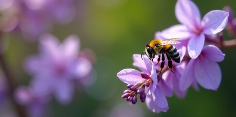 Fototapeta premium Yellow and black striped bee collecting pollen from wisteria flowers in a garden, insects, nature, spring