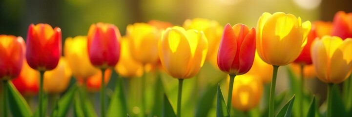 Yellow and red tulips with delicate green leaves, plants, yellow