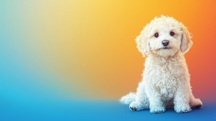 Doodle Dog Day, fluffy doodle dog sitting sweetly on orange to blue gradient background, empty space for promotional text