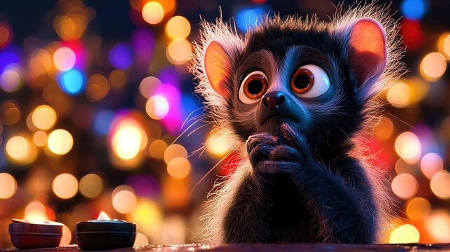   A picture of a tiny creature sitting beside a mug of java with a flickering candle behind it