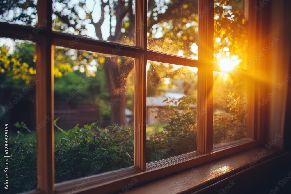 Poster sunlight streams through window showcasing vibrant greenery at sunset near a cozy home. generative a