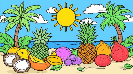 Colorful fresh tropical fruits illustration including pineapple, banana, apple, kiwi, lemon and orange arranged on a summer beach background