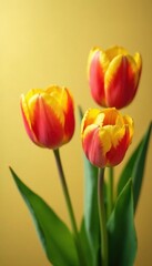 Obraz premium Yellow and red tulips with delicate green leaves, yellow, nature
