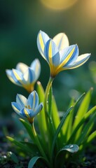 Obraz premium Blue and yellow striped flowers in morning dew, yellow, water